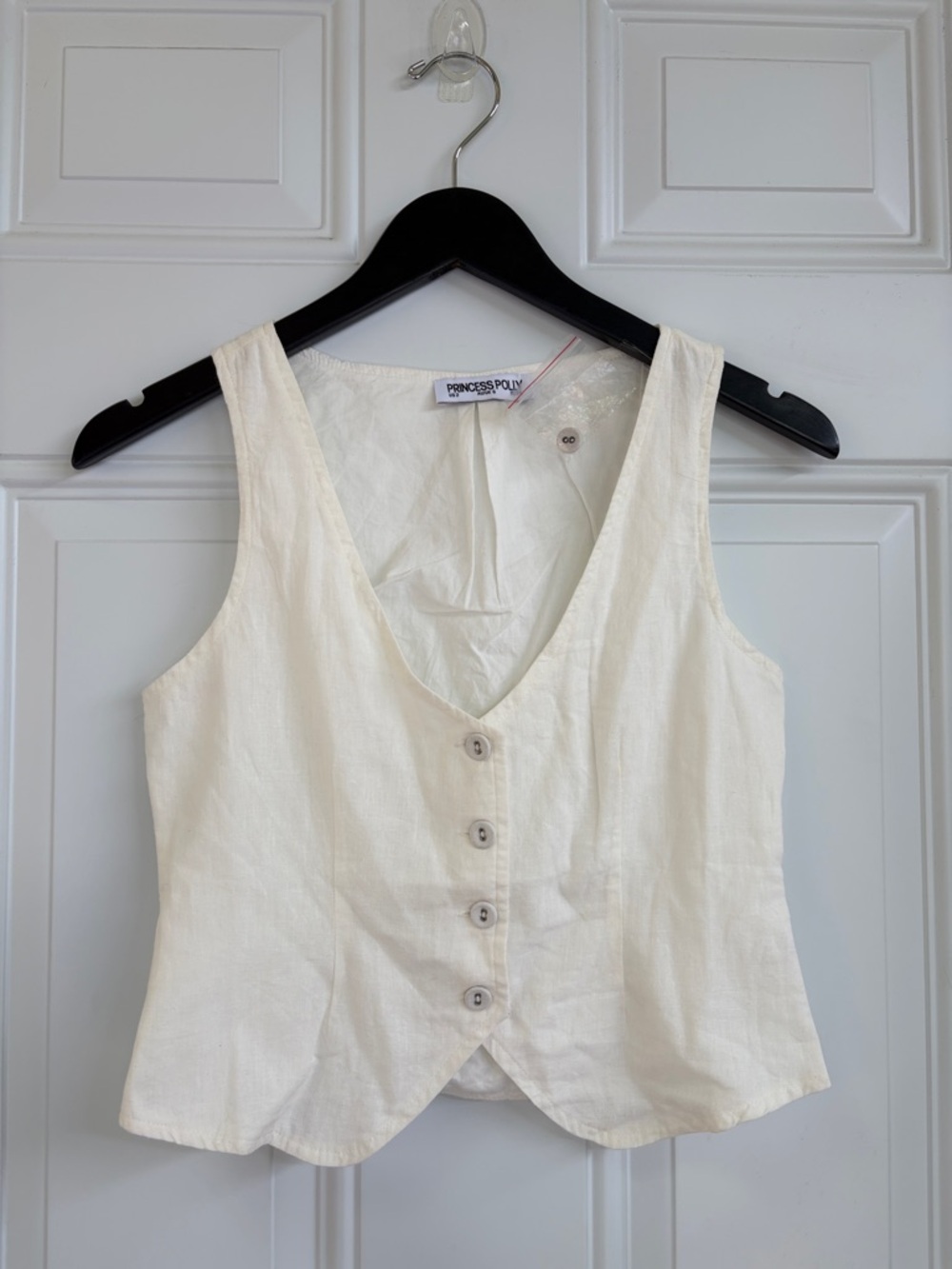 Princess Polly White Linen-Blend Button Front Tank Top